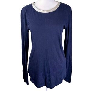 J. Crew Navy Long Sleeve Tee with Leather Trim Size S